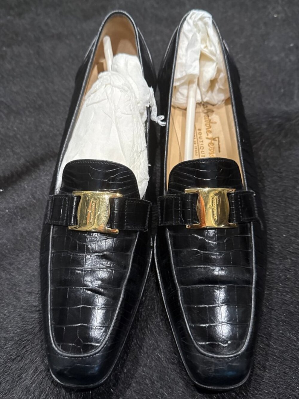 SALVATORE FERRAGAMO Black Leather Croc Buckles Loafers US 8.5 A
